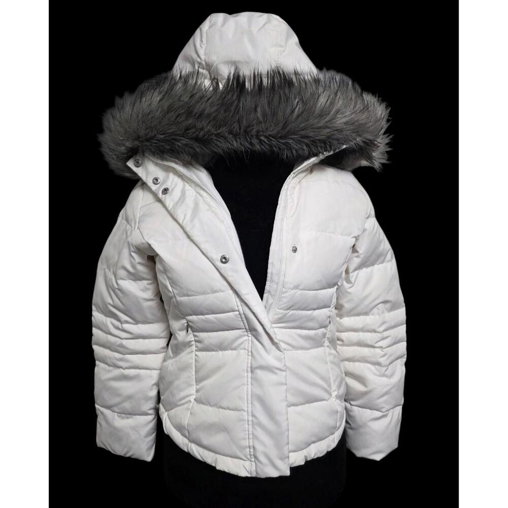 Women's Small, White "Calvin Klein" Down Puffer Jacket With Gray Faux Fur Hood